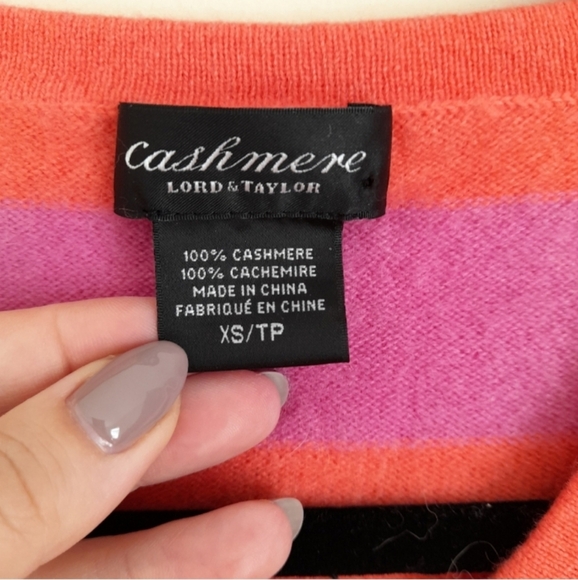 100% Cashmere. Women's Striped V-Neck Sweater - Pink and Purple - Picture 3 of 7